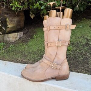 Fiorentini + Baker Tan Leather Triple Buckle Moto Boots Made in Italy Size 40